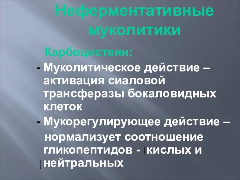 Неферментативные муколитики Карбоцистеин: Муколитическое действие – активация сиаловой трансферазы бокаловидных