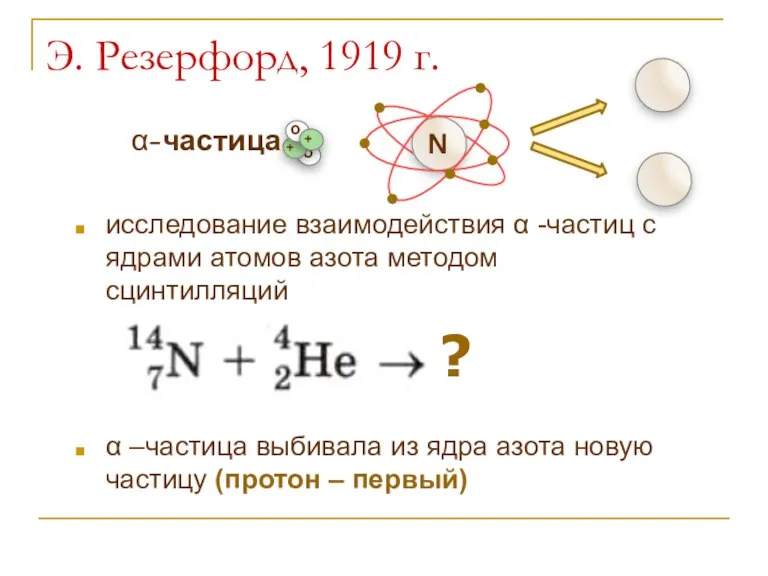 Э. Резерфорд, 1919 г. исследование взаимодействия α -частиц с ядрами