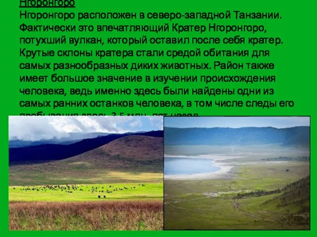 Нгоронгоро Нгоронгоро расположен в северо-западной Танзании. Фактически это впечатляющий Кратер