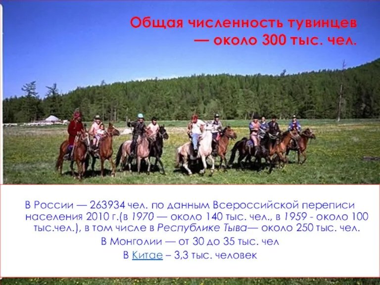 Общая численность тувинцев — около 300 тыс. чел. В России — 263934 чел.