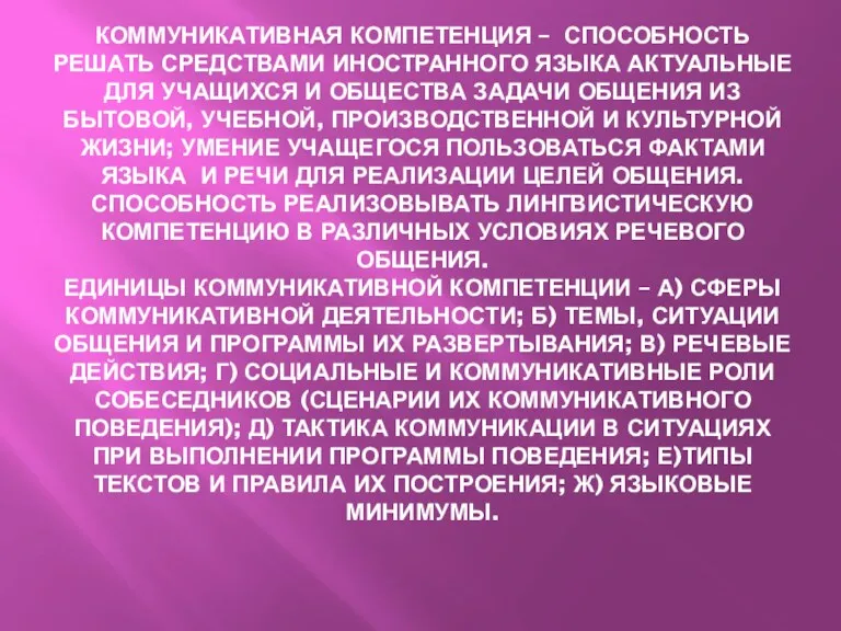 КОММУНИКАТИВНАЯ КОМПЕТЕНЦИЯ – СПОСОБНОСТЬ РЕШАТЬ СРЕДСТВАМИ ИНОСТРАННОГО ЯЗЫКА АКТУАЛЬНЫЕ ДЛЯ