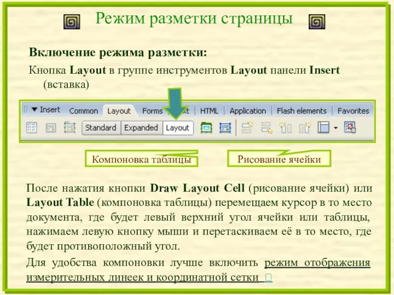 Режим разметки страницы Включение режима разметки: Кнопка Layout в группе