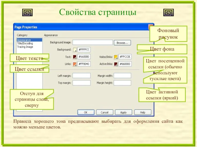 Свойства страницы Фоновый рисунок Цвет фона Цвет текста Цвет ссылки