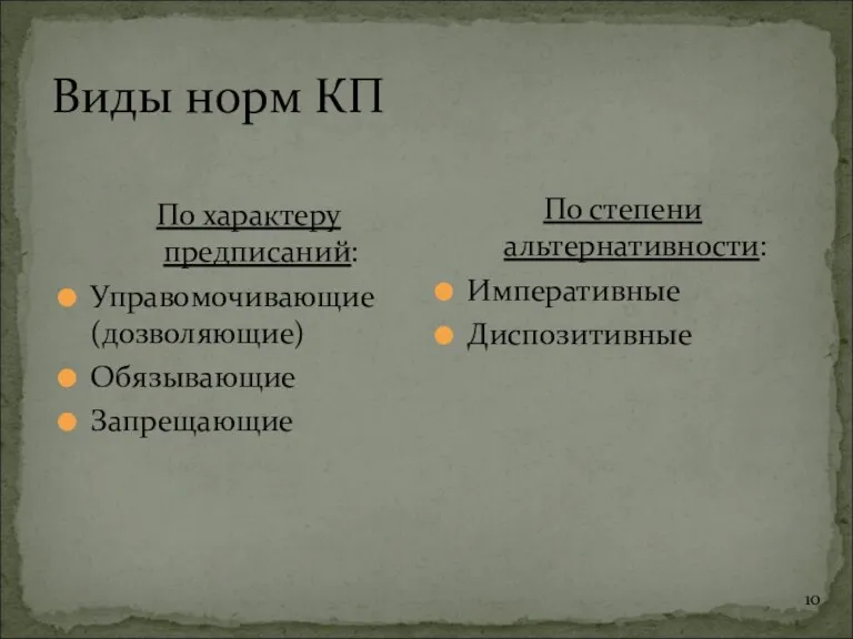 Виды норм КП По характеру предписаний: Управомочивающие (дозволяющие) Обязывающие Запрещающие По степени альтернативности: Императивные Диспозитивные