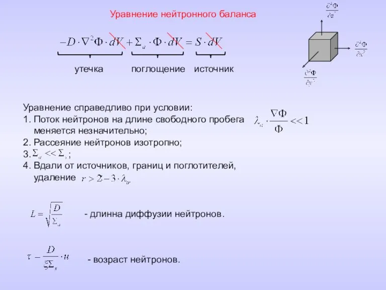 Уравнение нейтронного баланса утечка поглощение источник Уравнение справедливо при условии: