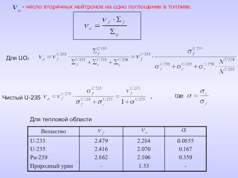 - число вторичных нейтронов на одно поглощение в топливе. Для