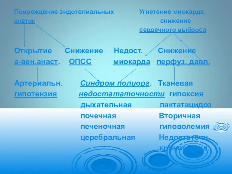 Повреждение эндотелиальных Угнетение миокарда, клеток снижение сердечного выброса Открытие Снижение