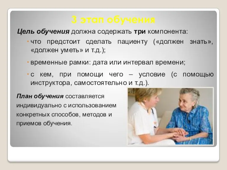 Цель обучения должна содержать три компонента: что предстоит сделать пациенту («должен знать», «должен