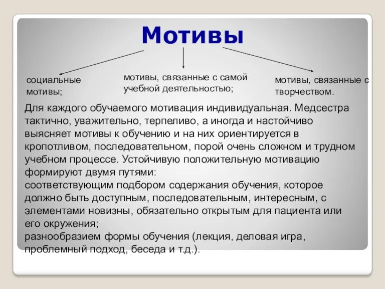 Мотивы мотивы, связанные с творчеством. социальные мотивы; мотивы, связанные с самой учебной деятельностью;