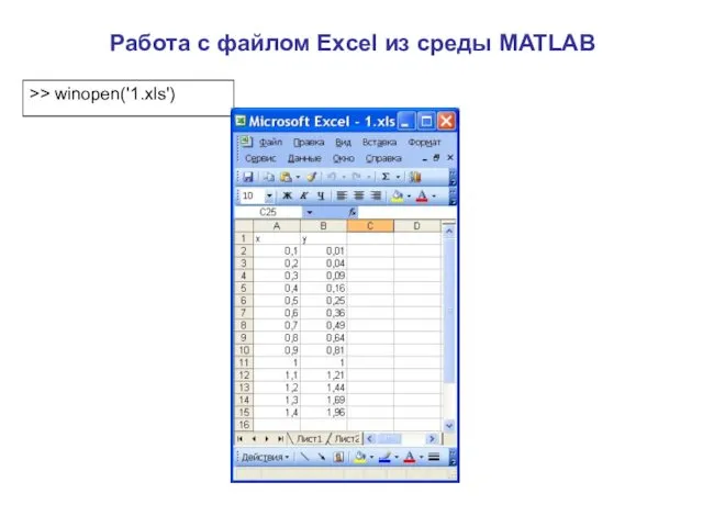 Работа с файлом Excel из среды MATLAB >> winopen('1.xls')