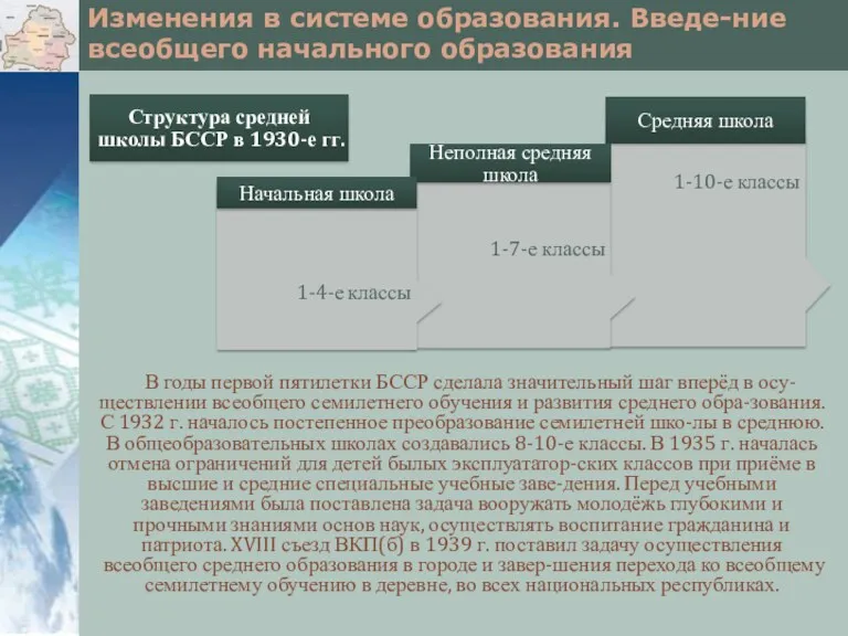 Изменения в системе образования. Введе-ние всеобщего начального образования В годы