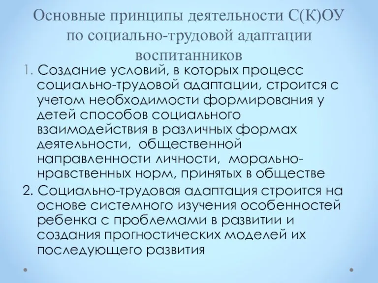 Основные принципы деятельности С(К)ОУ по социально-трудовой адаптации воспитанников 1. Создание