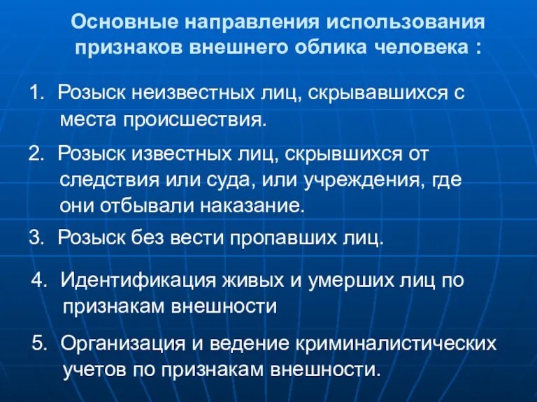 Основные направления использования признаков внешнего облика человека : 1. Розыск