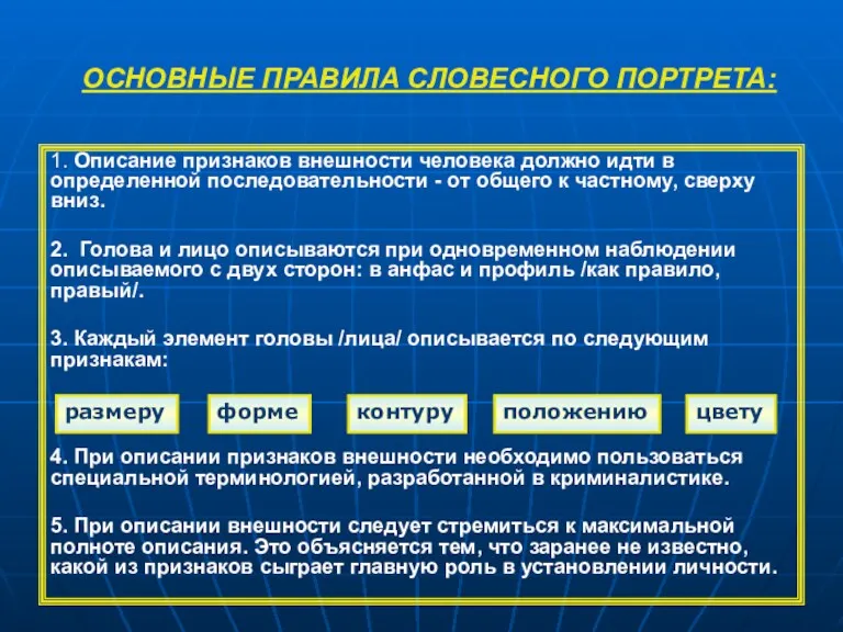 ОСНОВНЫЕ ПРАВИЛА СЛОВЕСНОГО ПОРТРЕТА: 1. Описание признаков внешности человека должно