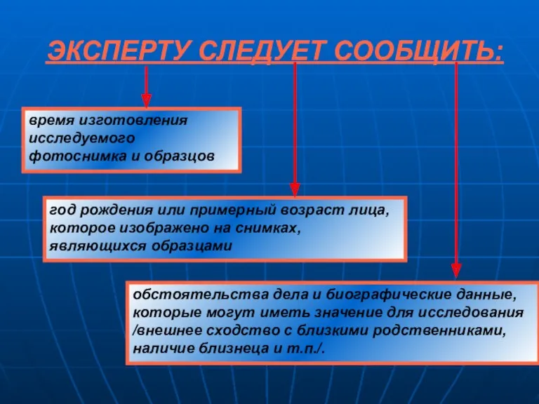 ЭКСПЕРТУ СЛЕДУЕТ СООБЩИТЬ: время изготовления исследуемого фотоснимка и образцов год