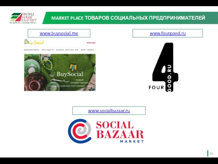 MARKET PLACE ТОВАРОВ СОЦИАЛЬНЫХ ПРЕДПРИНИМАТЕЛЕЙ www.fourgood.ru www.socialbazaar.ru www.buysocial.me