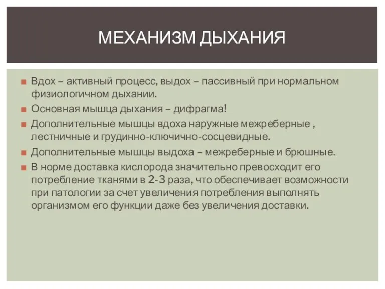 Вдох – активный процесс, выдох – пассивный при нормальном физиологичном