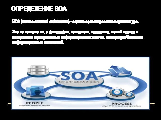 ОПРЕДЕЛЕНИЕ SOA SOA (service-oriented architecture) - сервис-ориентированная архитектура. Это не