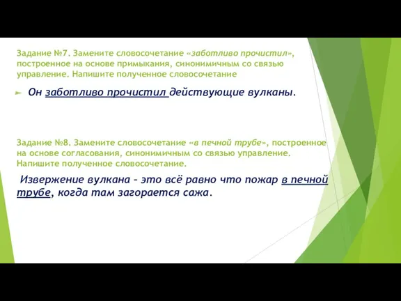 Задание №7. Замените словосочетание «заботливо прочистил», построенное на основе примыкания,