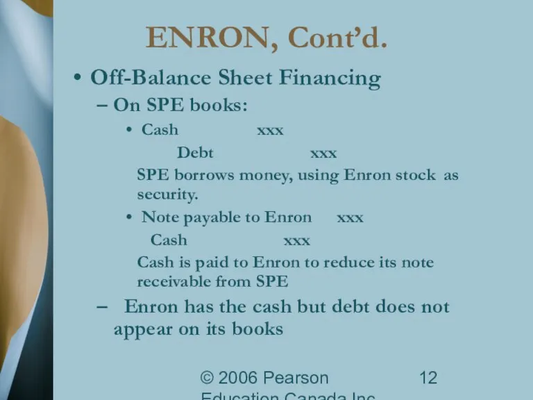 © 2006 Pearson Education Canada Inc. ENRON, Cont’d. Off-Balance Sheet