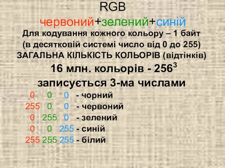 RGB червоний+зелений+синій Для кодування кожного кольору – 1 байт (в