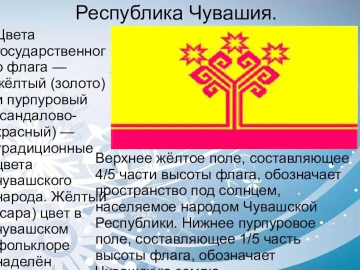 Республика Чувашия. Верхнее жёлтое поле, составляющее 4/5 части высоты флага,