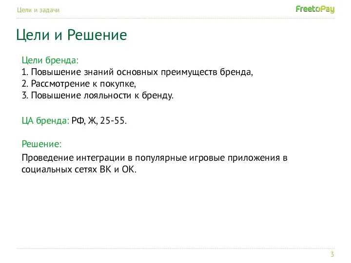 Цели бренда: 1. Повышение знаний основных преимуществ бренда, 2. Рассмотрение