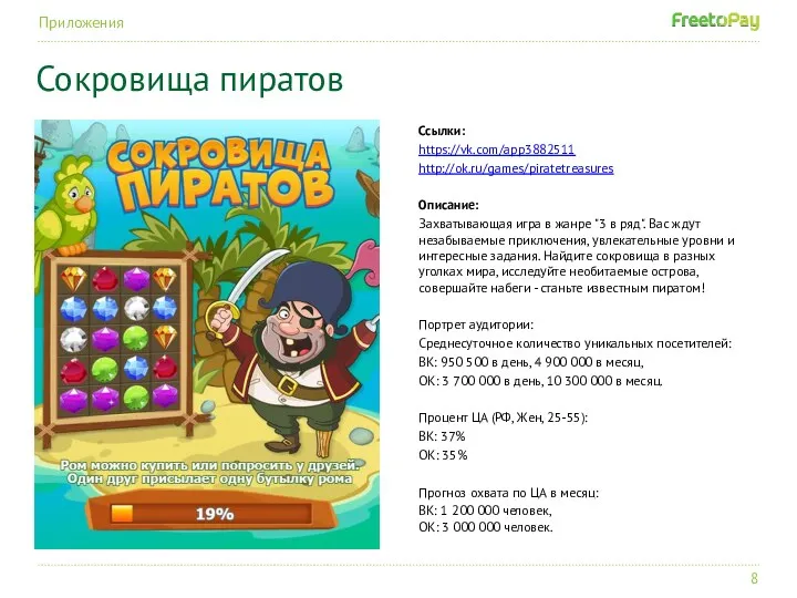 Ссылки: https://vk.com/app3882511 http://ok.ru/games/piratetreasures Описание: Захватывающая игра в жанре "3 в