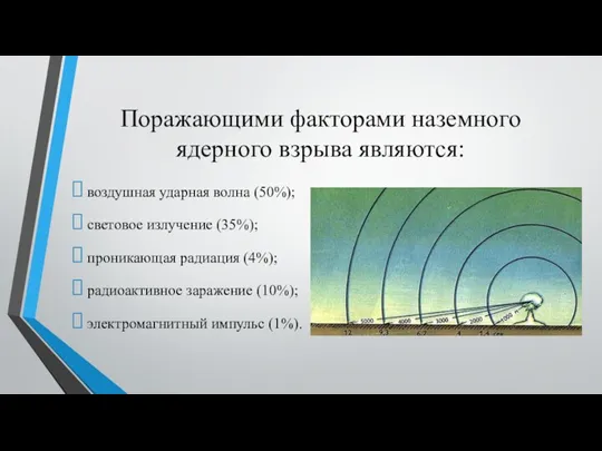 Поражающими факторами наземного ядерного взрыва являются: воздушная ударная волна (50%);