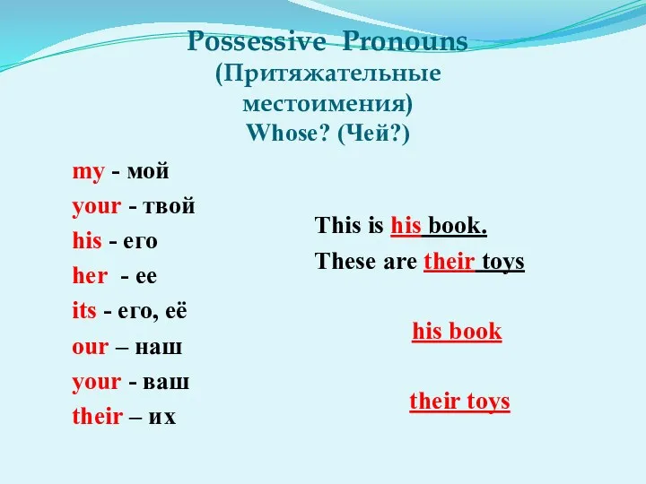 Possessive Pronouns (Притяжательные местоимения) Whose? (Чей?) my - мой your