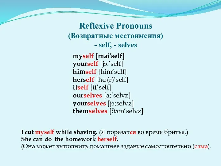 Reflexive Pronouns (Возвратные местоимения) - self, - selves myself [mai’self]