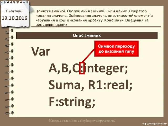 Сьогодні 19.10.2016 http://vsimppt.com.ua/ http://vsimppt.com.ua/ Опис зміниих Поняття змінної. Оголошення змінної.