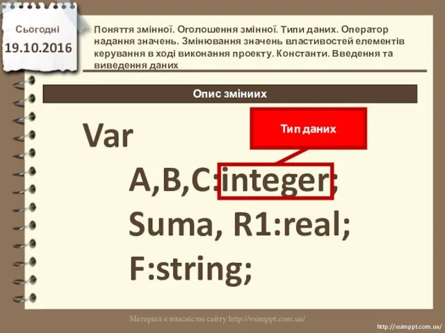 Сьогодні 19.10.2016 http://vsimppt.com.ua/ http://vsimppt.com.ua/ Опис зміниих Поняття змінної. Оголошення змінної.