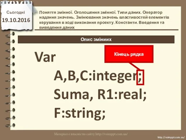 Сьогодні 19.10.2016 http://vsimppt.com.ua/ http://vsimppt.com.ua/ Опис зміниих Поняття змінної. Оголошення змінної.