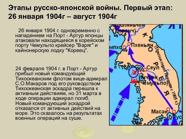 Этапы русско-японской войны. Первый этап: 26 января 1904г – август