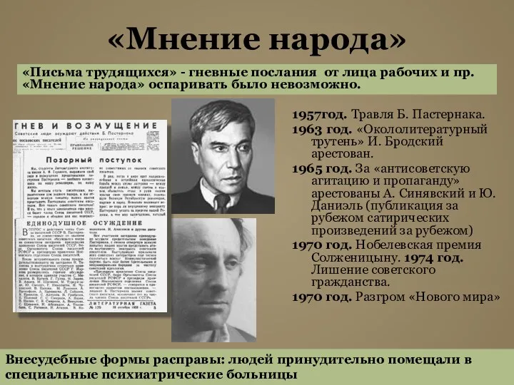 «Мнение народа» 1957год. Травля Б. Пастернака. 1963 год. «Окололитературный трутень»