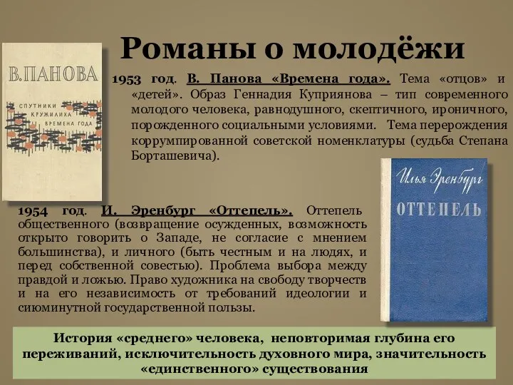 Романы о молодёжи 1953 год. В. Панова «Времена года». Тема