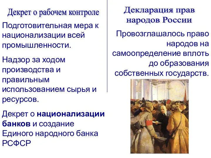 Декрет о рабочем контроле Подготовительная мера к национализации всей промышленности.