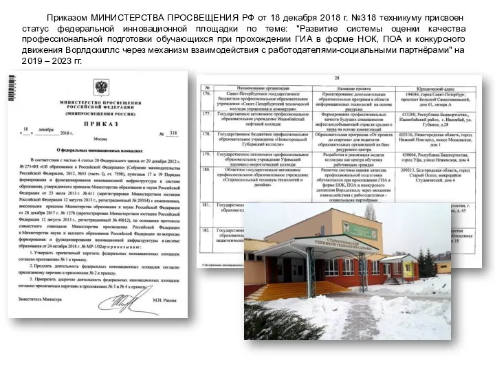 Приказом МИНИСТЕРСТВА ПРОСВЕЩЕНИЯ РФ от 18 декабря 2018 г. №318 техникуму присвоен статус