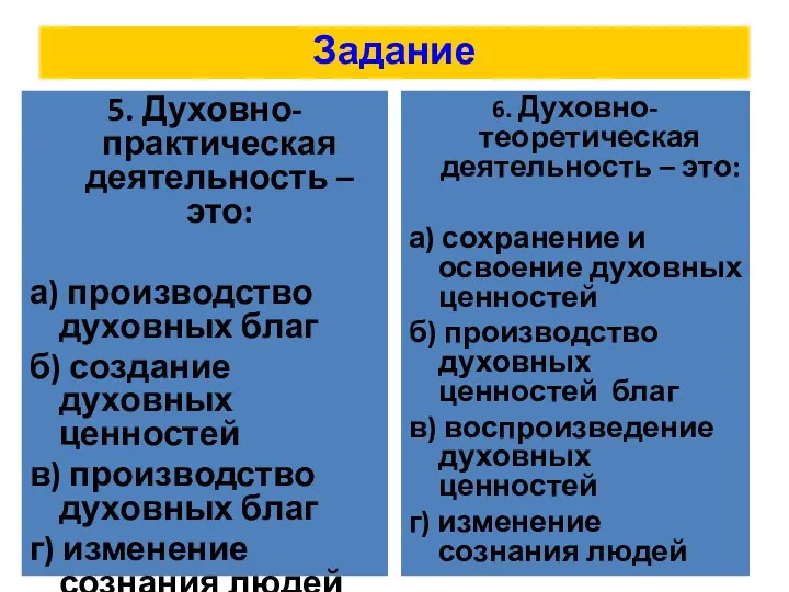 Задание 5. Духовно-практическая деятельность – это: а) производство духовных благ