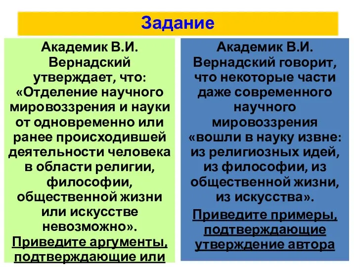 Задание Академик В.И. Вернадский утверждает, что: «Отделение научного мировоззрения и