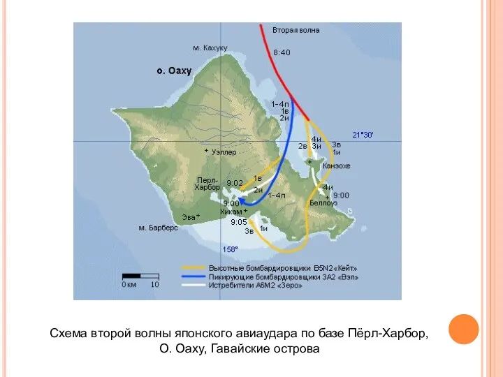 Схема второй волны японского авиаудара по базе Пёрл-Харбор, О. Оаху, Гавайские острова