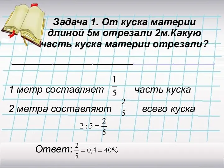 Задача 1. От куска материи длиной 5м отрезали 2м.Какую часть