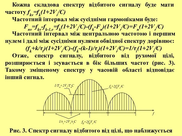 Кожна складова спектру відбитого сигналу буде мати частоту fkv=fk(1+2Vr/C) Частотний