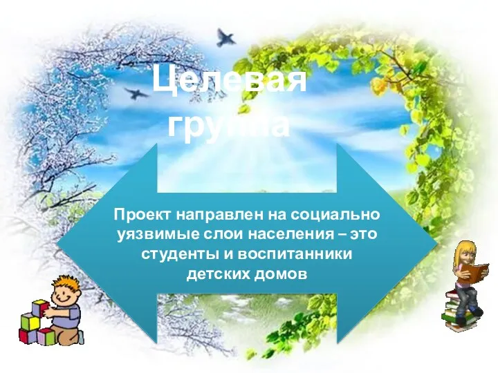 Проект направлен на социально уязвимые слои населения – это студенты и воспитанники детских домов Целевая группа