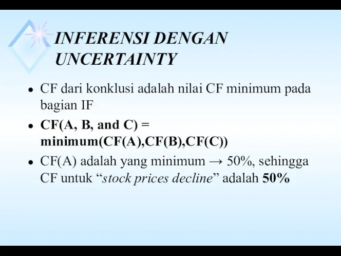 INFERENSI DENGAN UNCERTAINTY CF dari konklusi adalah nilai CF minimum pada bagian IF