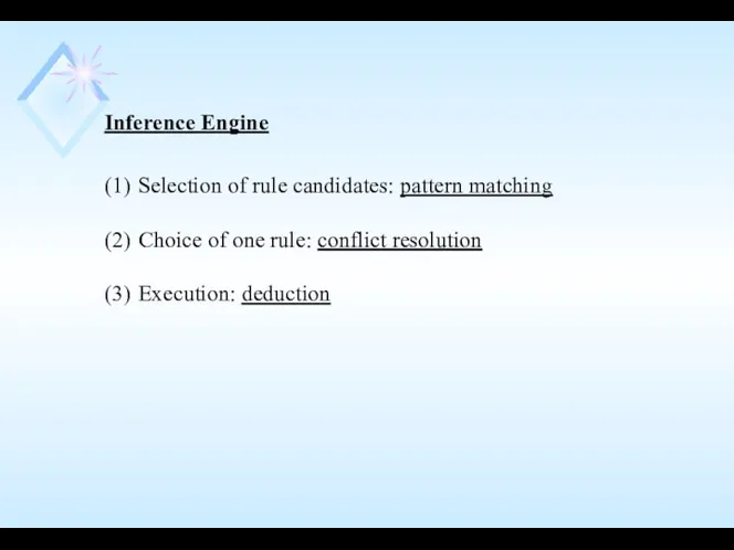 Inference Engine (1) Selection of rule candidates: pattern matching (2) Choice of one