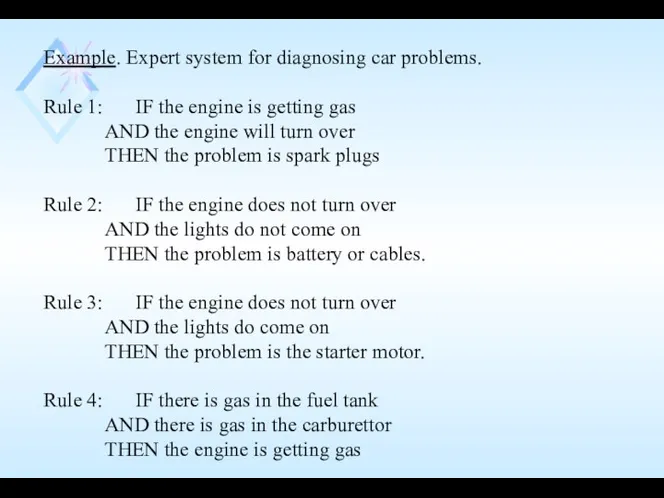 Example. Expert system for diagnosing car problems. Rule 1: IF the engine is