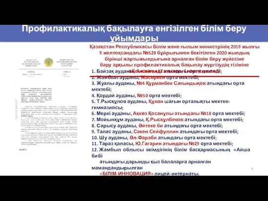 1. Байзақ ауданы, Амангелді атындағы орта мектебі; 2. Жамбыл ауданы, Жасөркен орта мектебі;