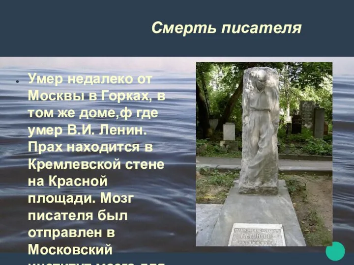 Смерть писателя Умер недалеко от Москвы в Горках, в том